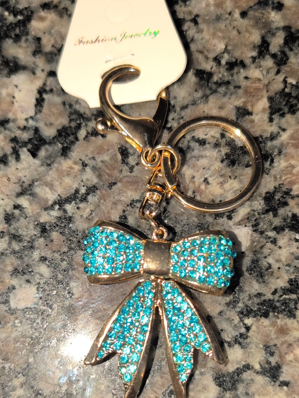 Fashion Jewelry Gold Bow Keychain Or Bag Charm with Turquoise Crystals NWT - Picture 1 of 5